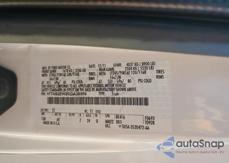 2012 Ford Econoline E250 Van z USA, uszkodzony, nr VIN 1FTNS2EW2CDA38559